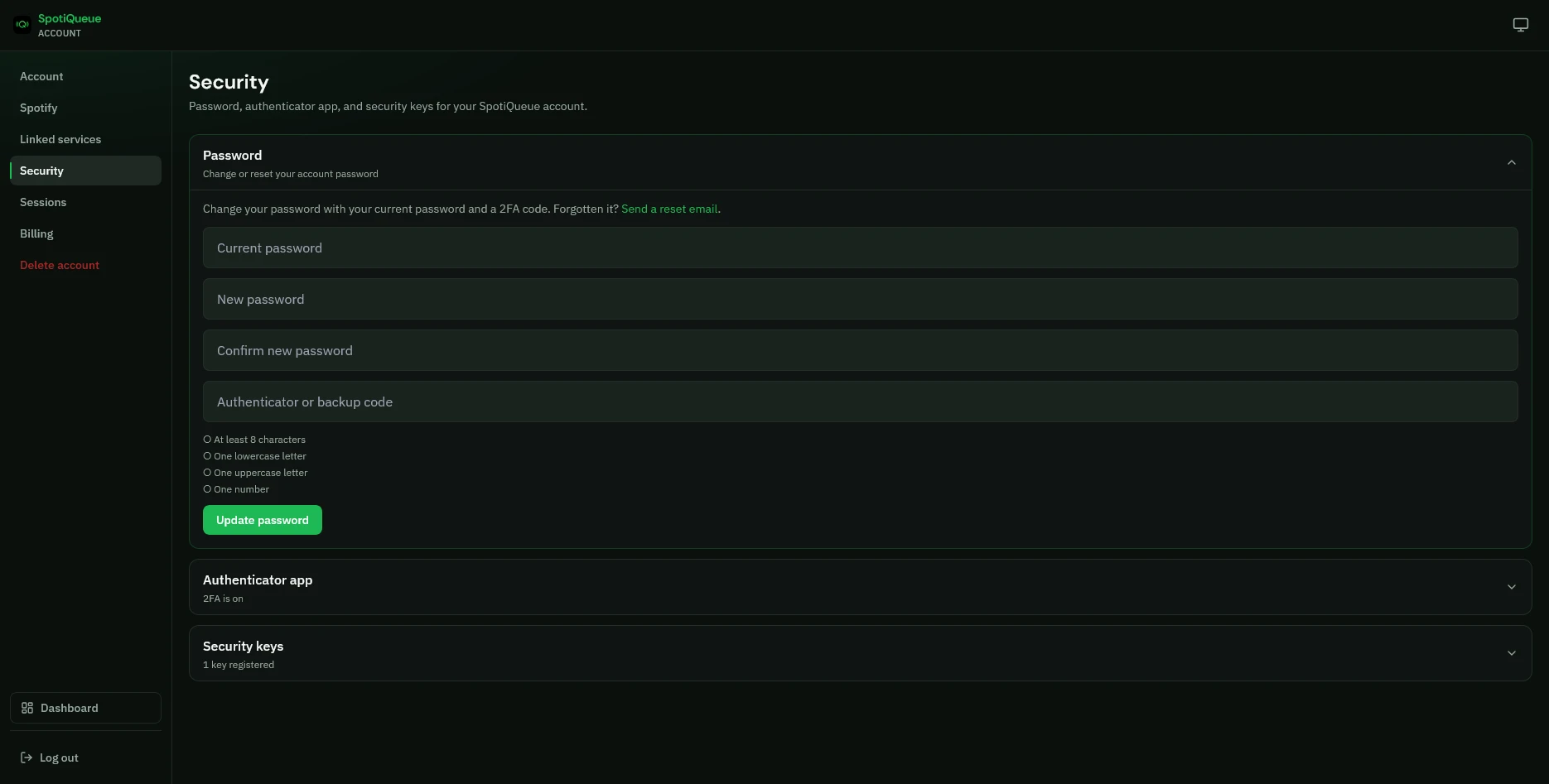 Set a password, turn on two-factor auth, or register a passkey.