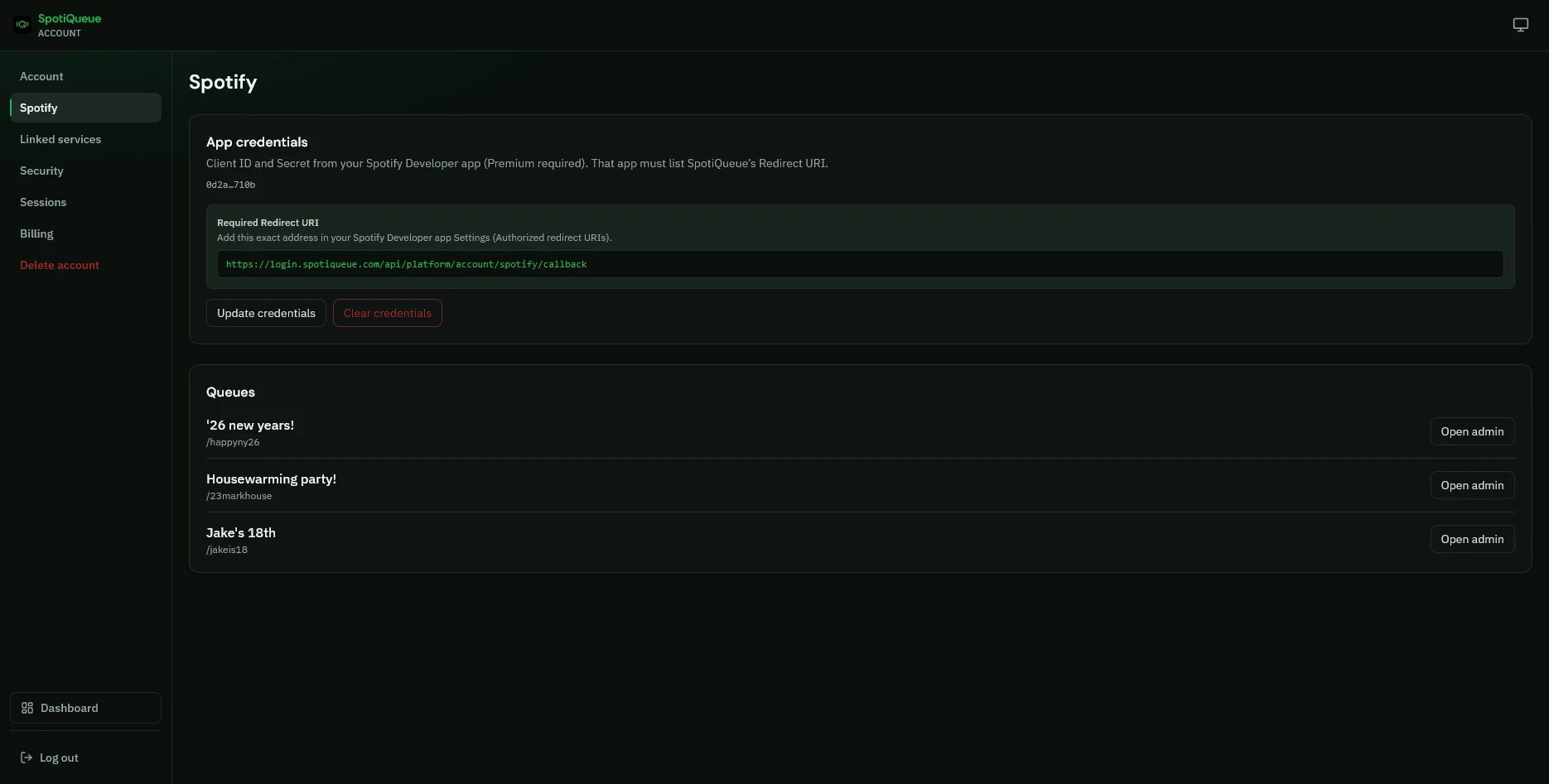 Connect your Spotify Developer app so SpotiQueue can control playback.