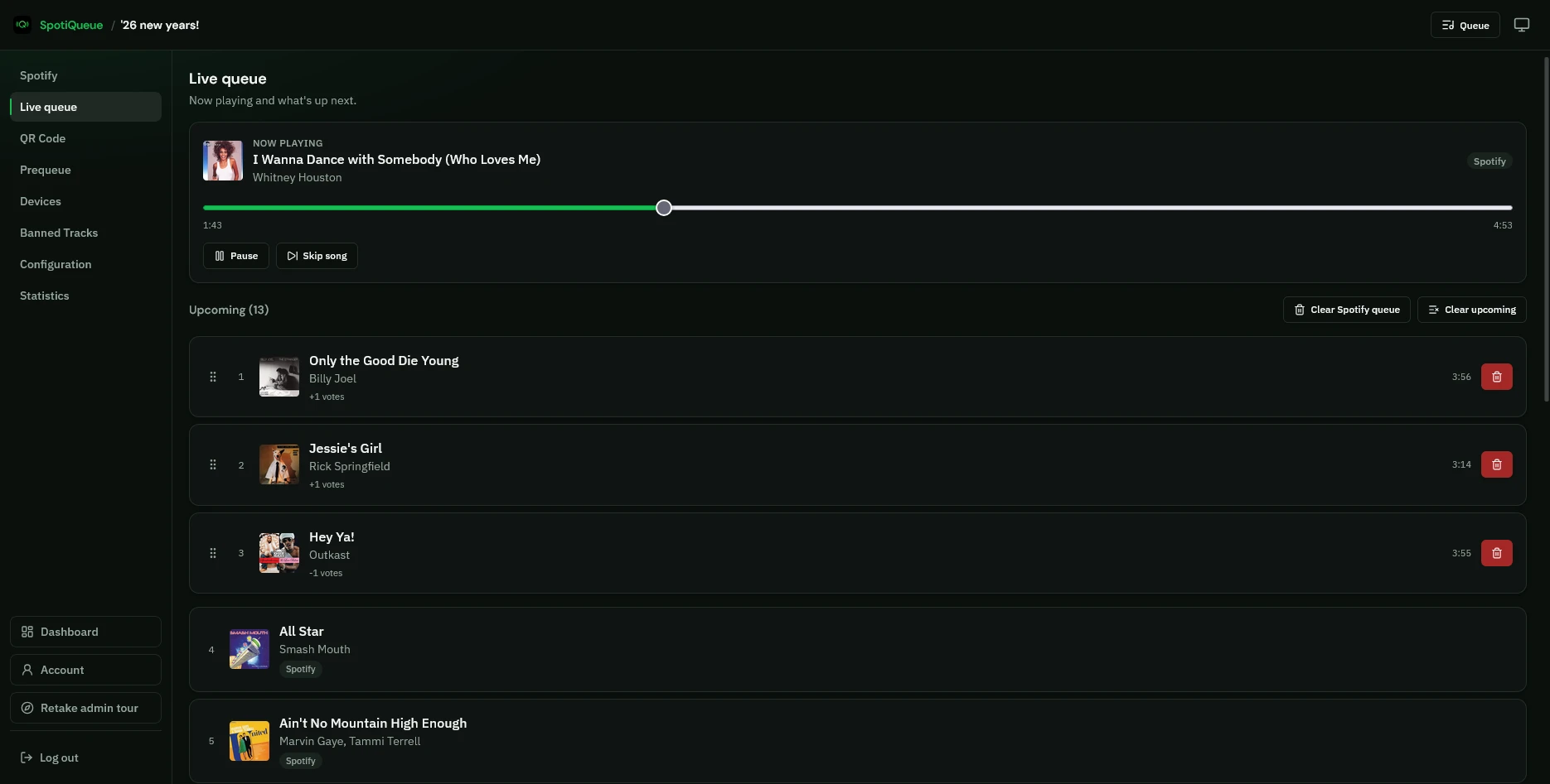 Moderate the live queue, skip tracks, and reorder what plays next.