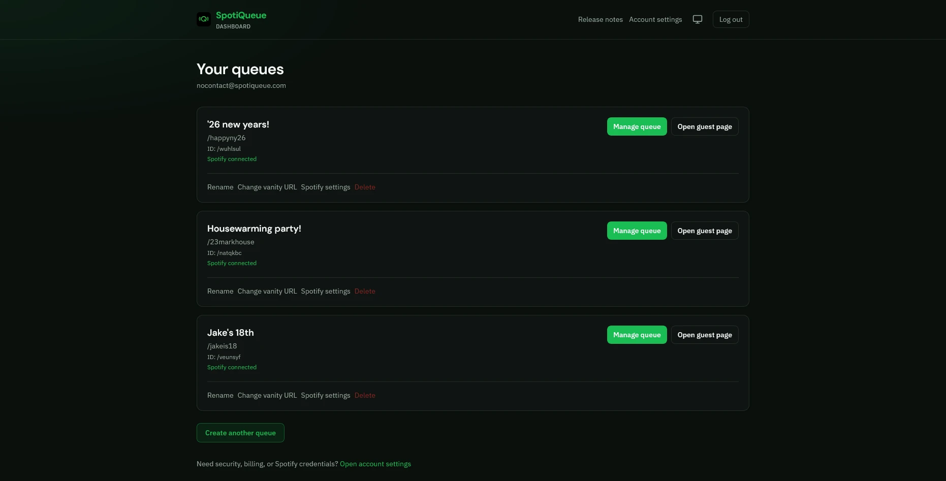 Your host dashboard lists the queues you run and opens admin or the guest page.