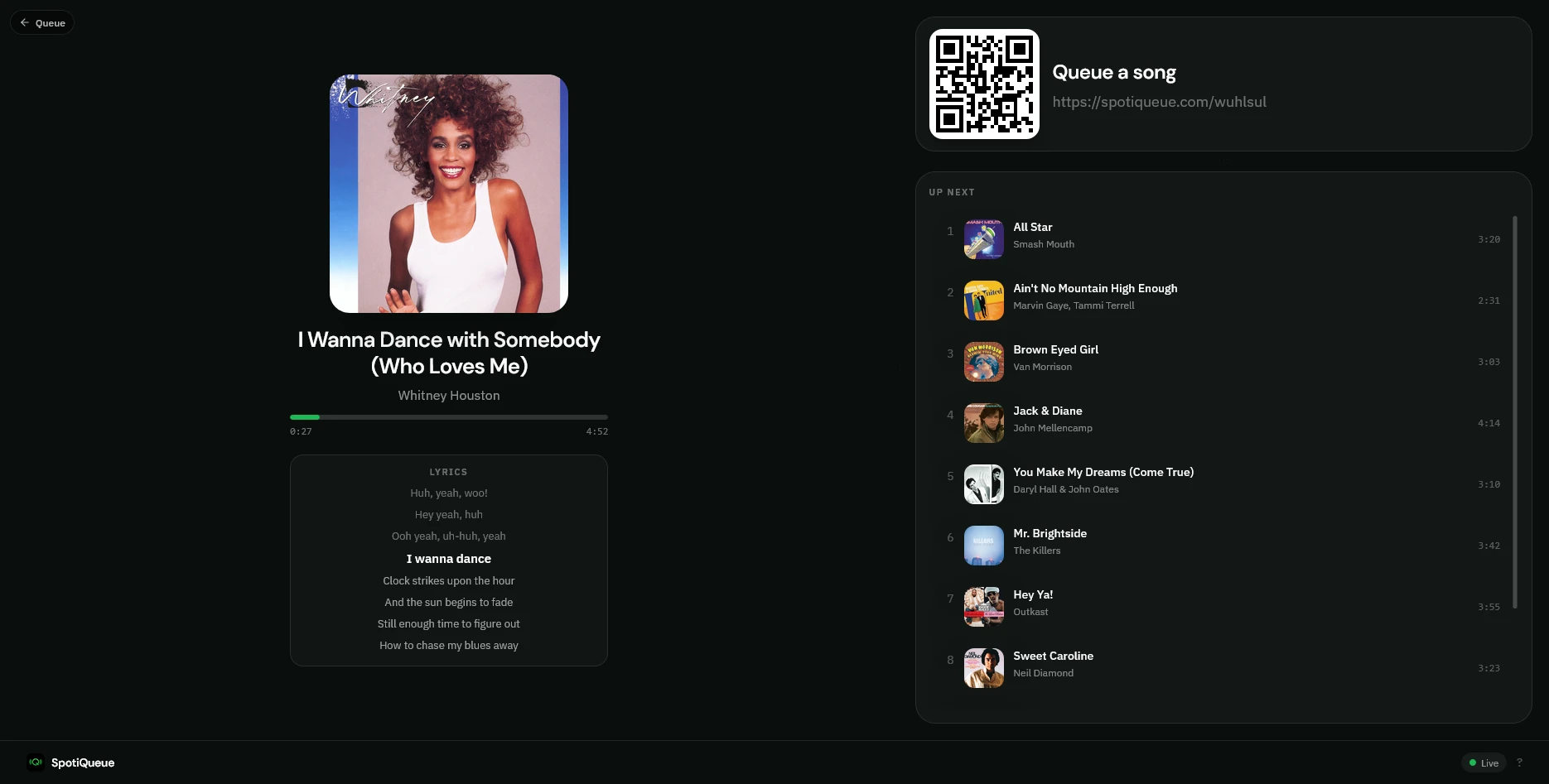 Put now playing, up next, and a join QR on the room TV.