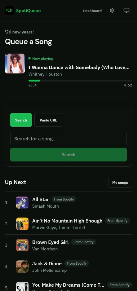 The guest queue on a phone, with search and the up-next list.