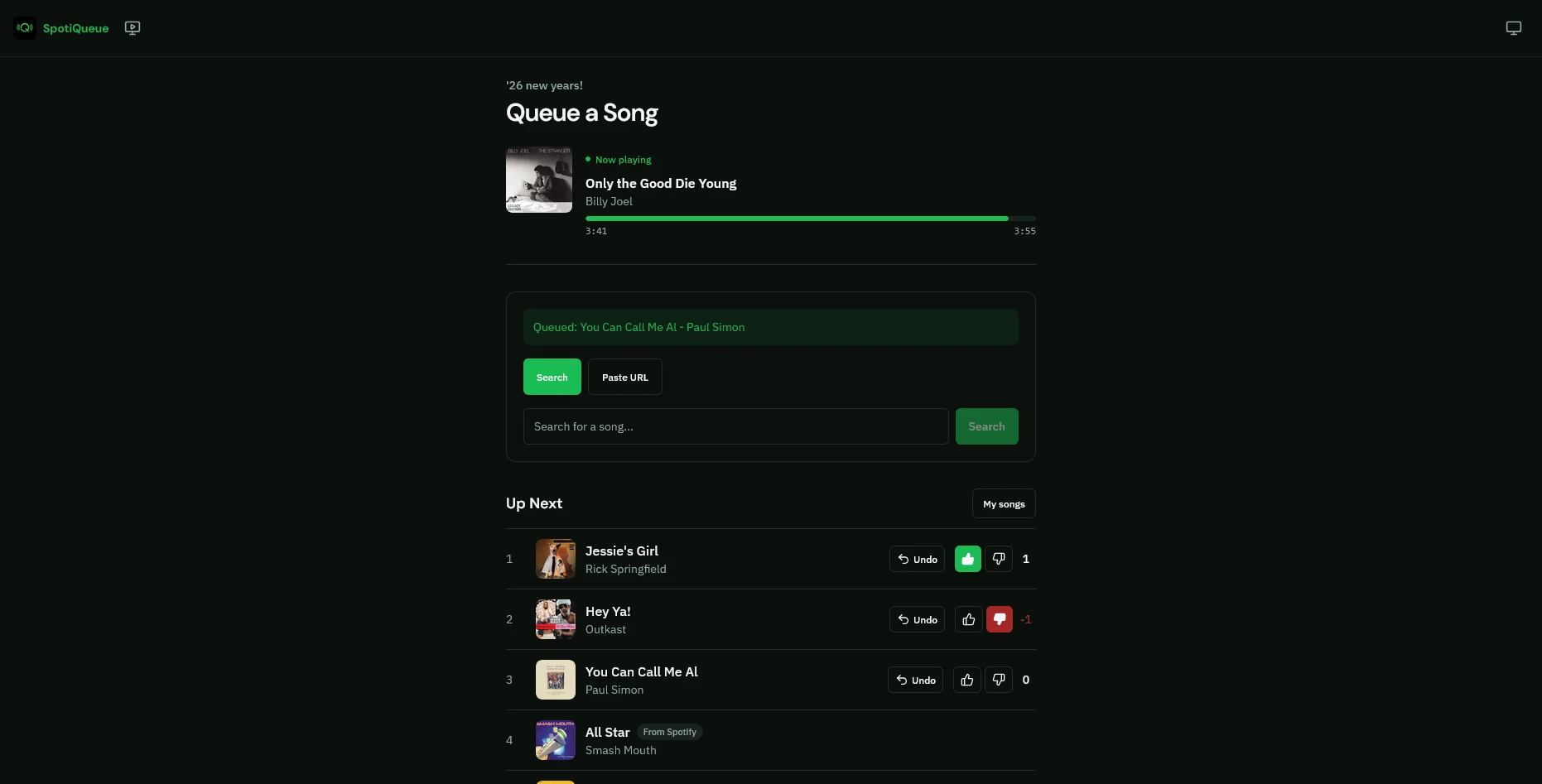 Guests open the queue page to see now playing and request the next song.