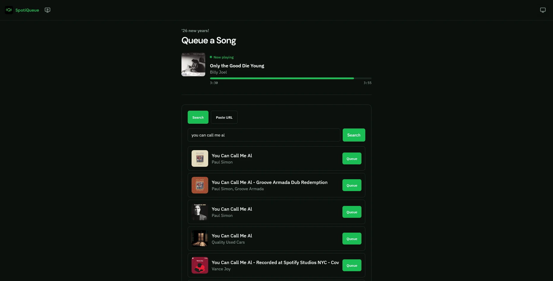 Search Spotify and pick a track to add to the party queue.